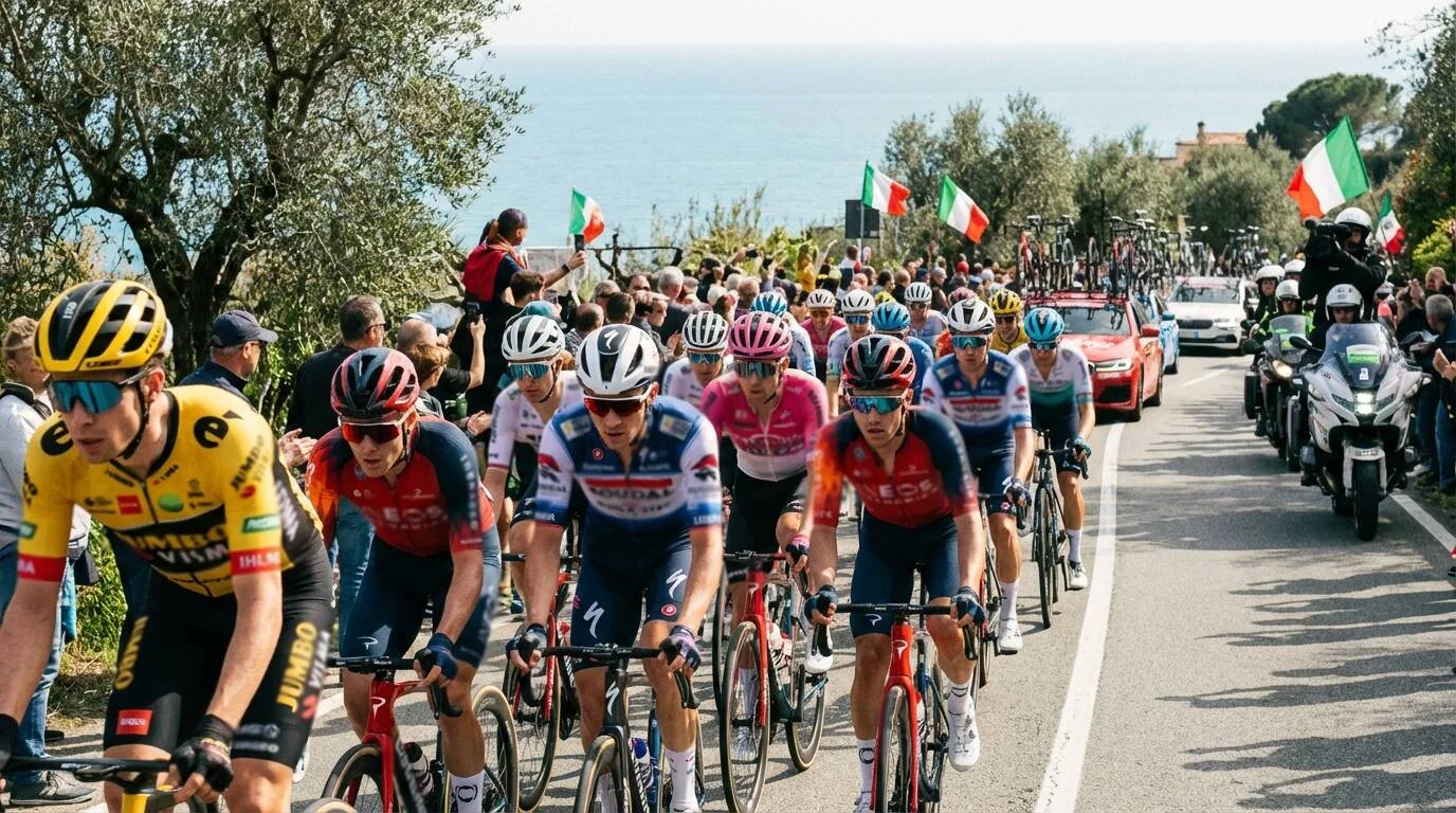 Milaan-San Remo peloton op de Poggio di San Remo