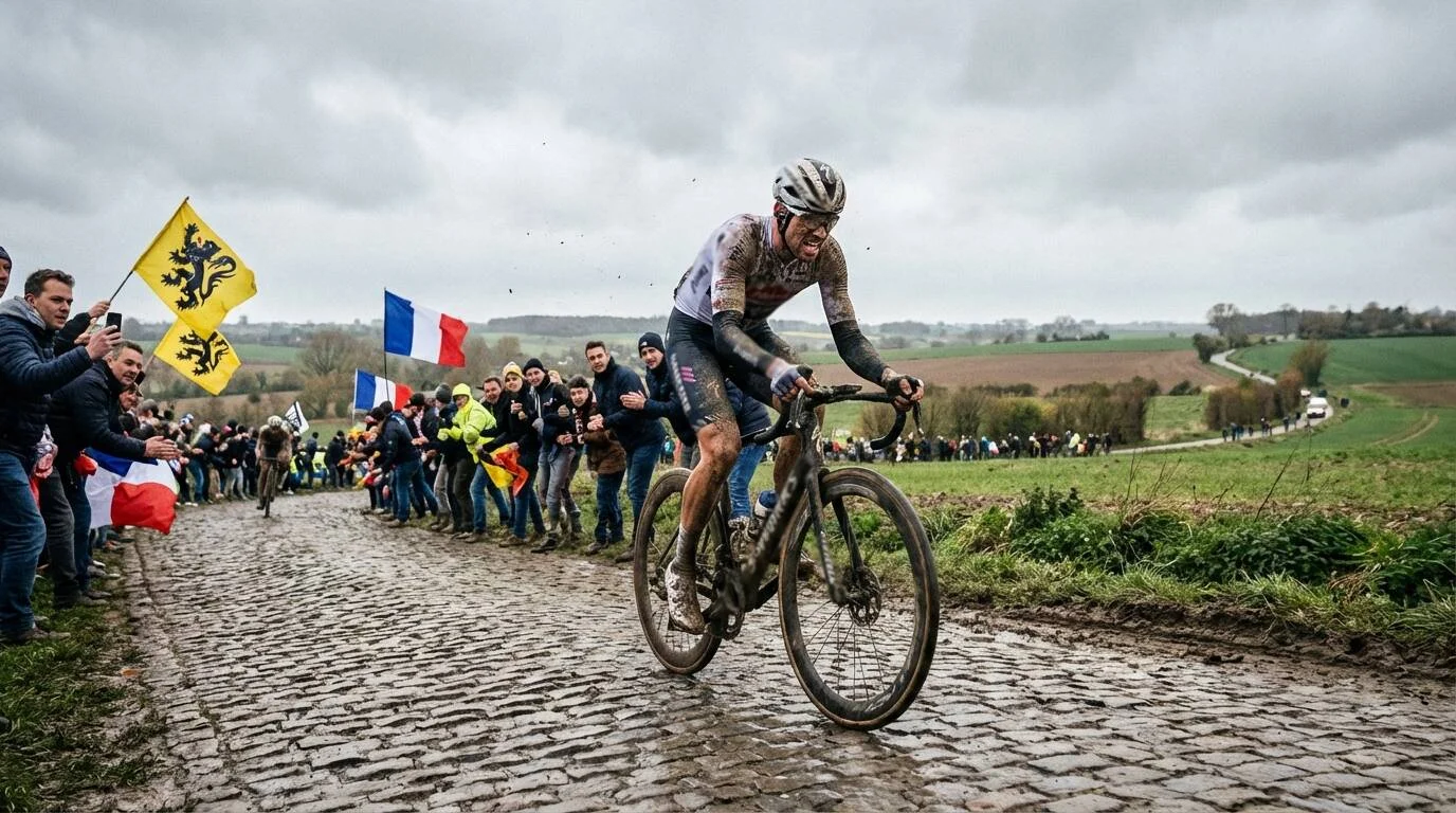 Professionele wielrenner op kasseien tijdens wielermonument