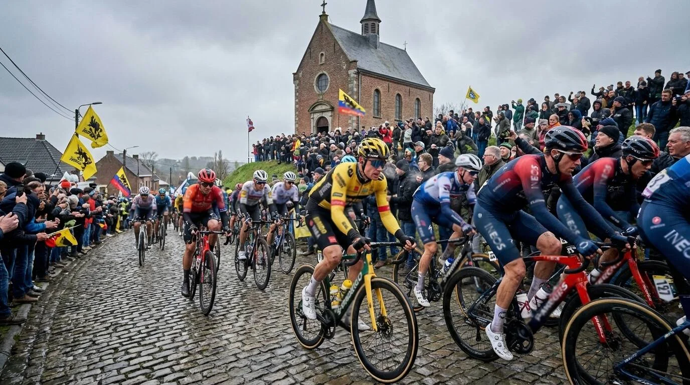 Omloop Het Nieuwsblad peloton op de Muur van Geraardsbergen