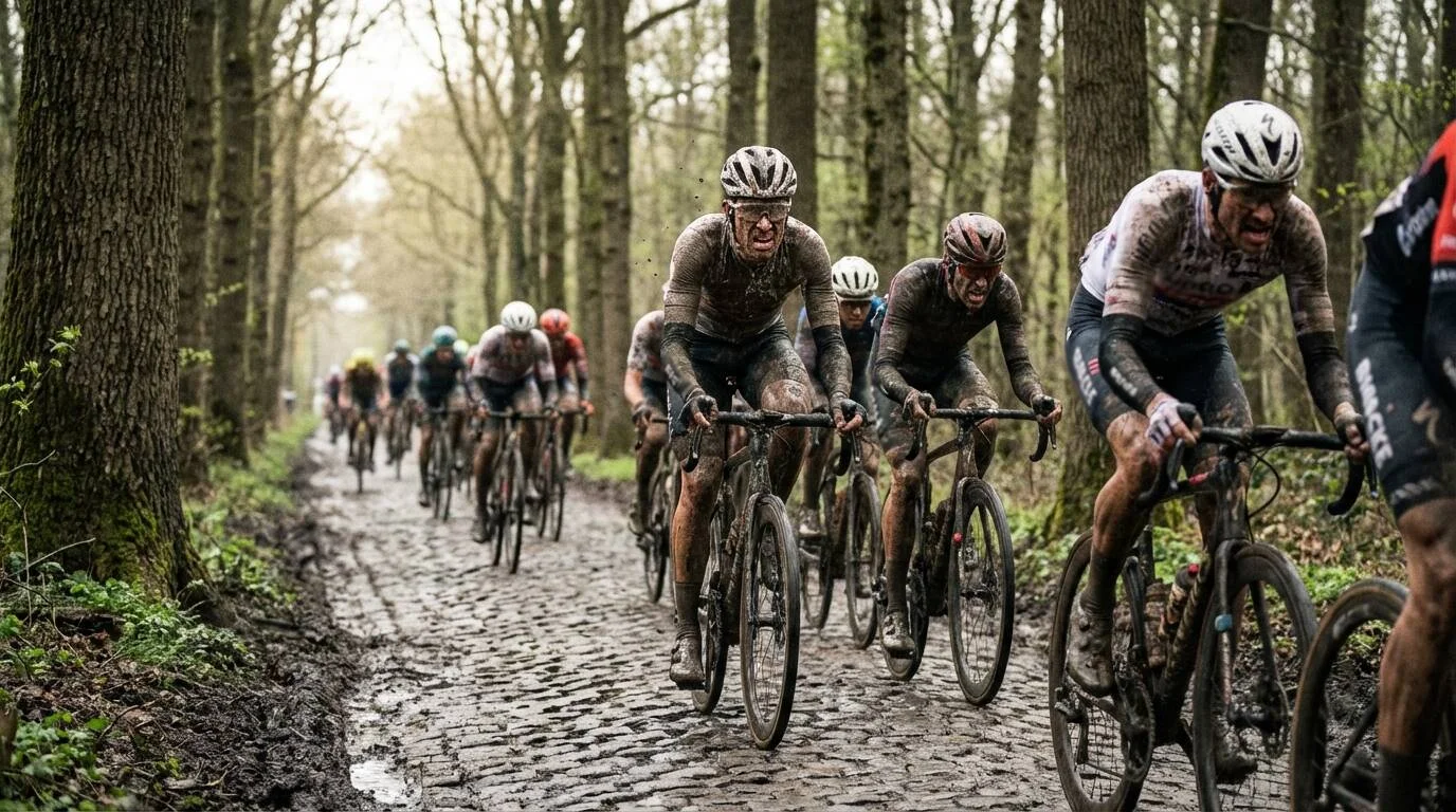 Parijs-Roubaix peloton op kasseisector Trouée d'Arenberg