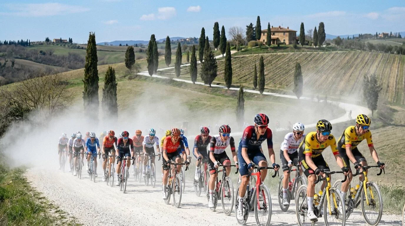 Strade Bianche peloton op witte gravelwegen Toscane