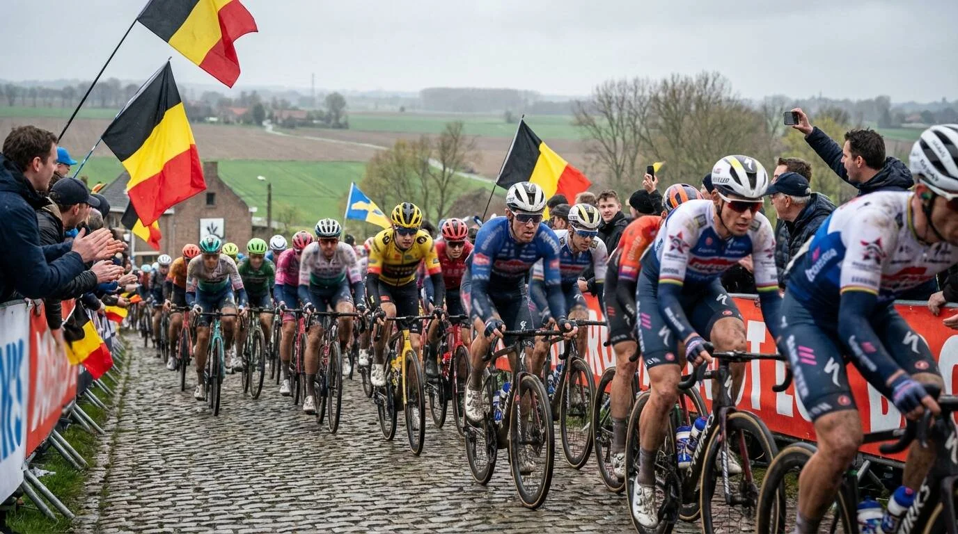 Peloton wielrenners in voorjaarsklassieker op Vlaamse helling