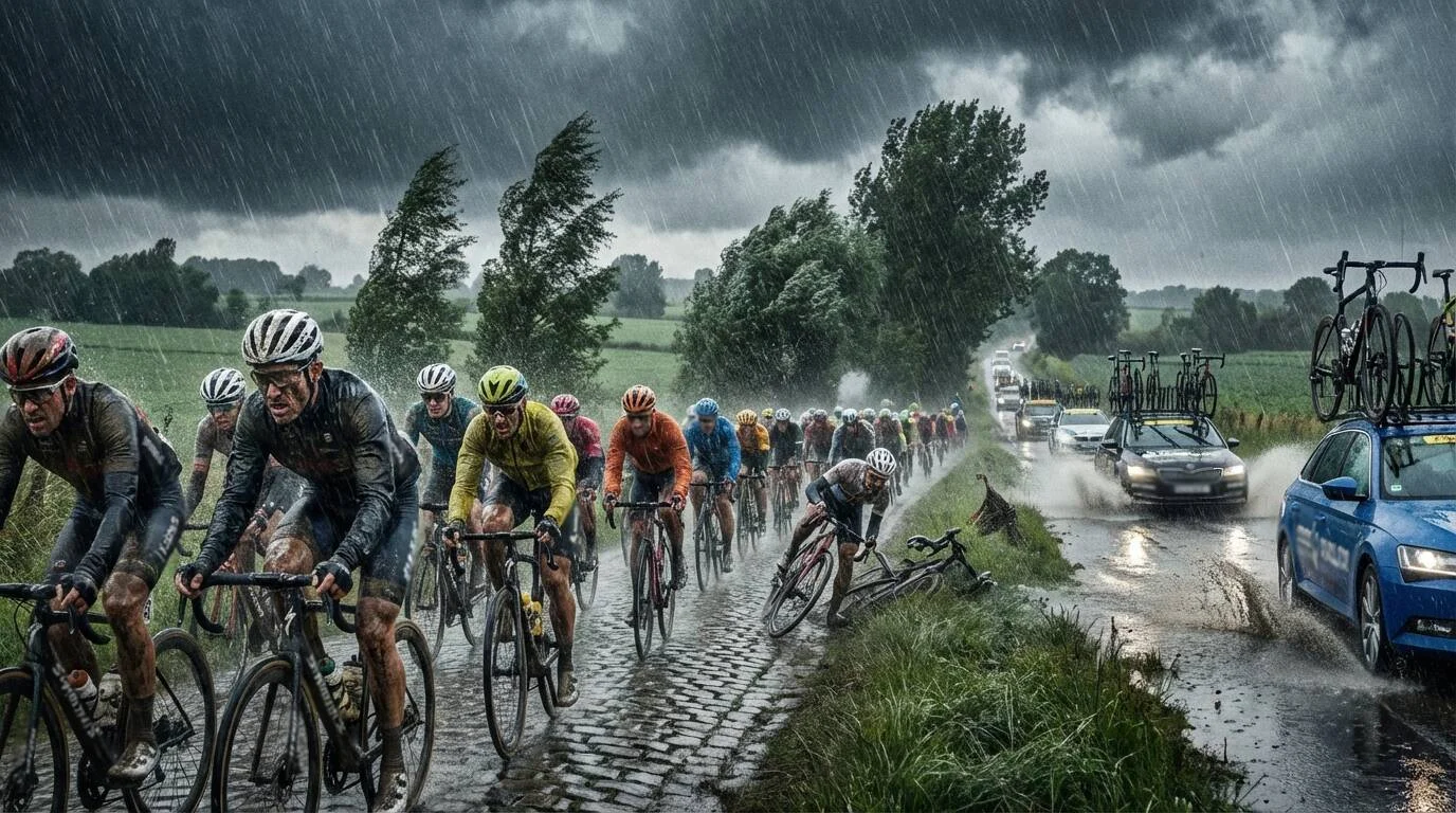 Wielrenners in regen en wind tijdens klassieker